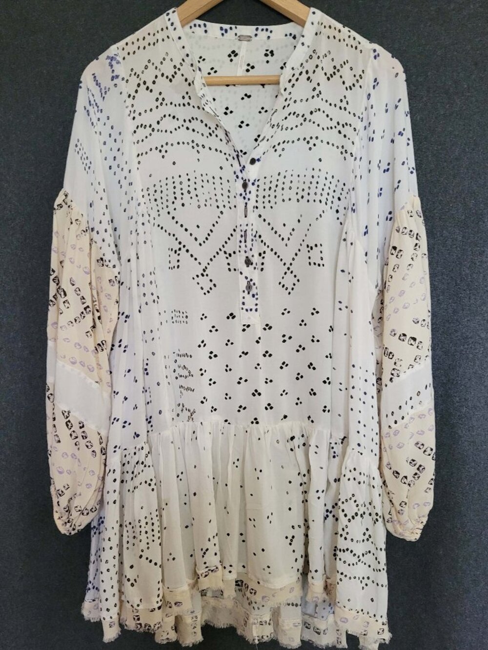 Free People Shibori Ivory Graphic Dots Flowy Ruffled Tunic Dress Peasant  S